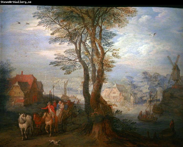 Jan Brueghel Peasants on a wagon near a river going through a village